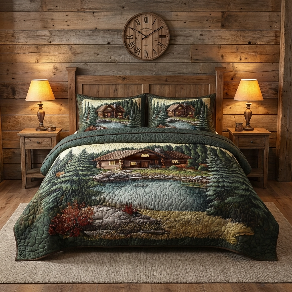 Mountain Log Cabin 3-Piece Quilted Bedding Set NCU0DK3579