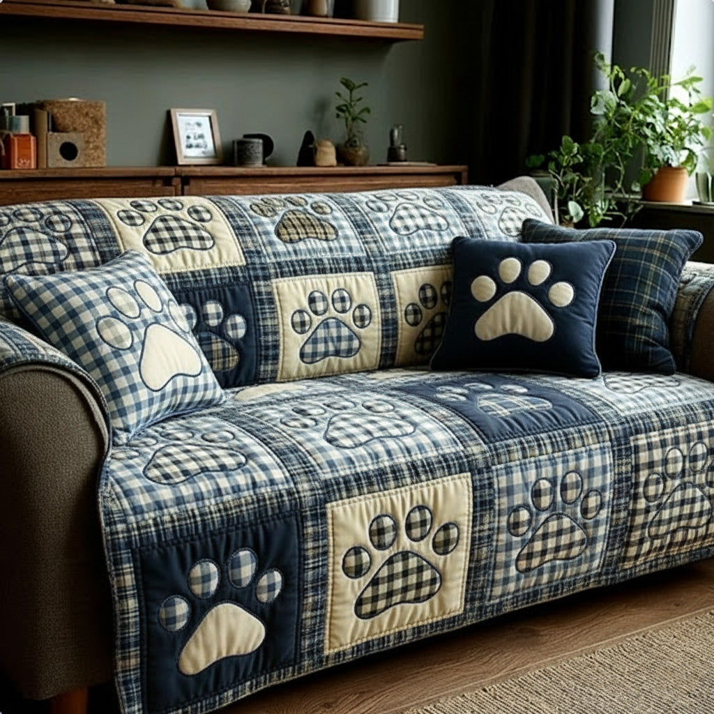 Navy Gingham Love Paw Quilted Sofa Cover NCU0NT11540