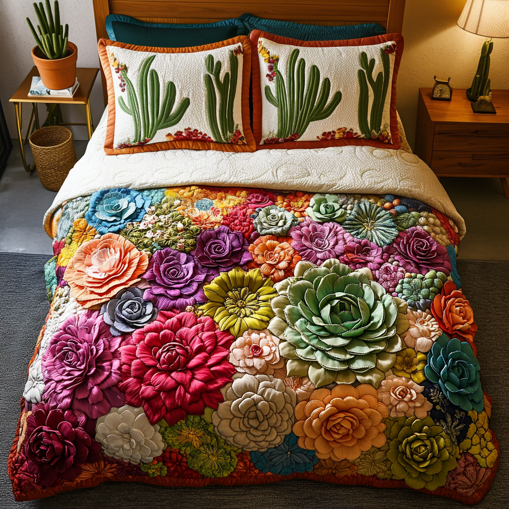Succulent Symphony 3-Piece Quilted Bedding Set NCU0DV2518
