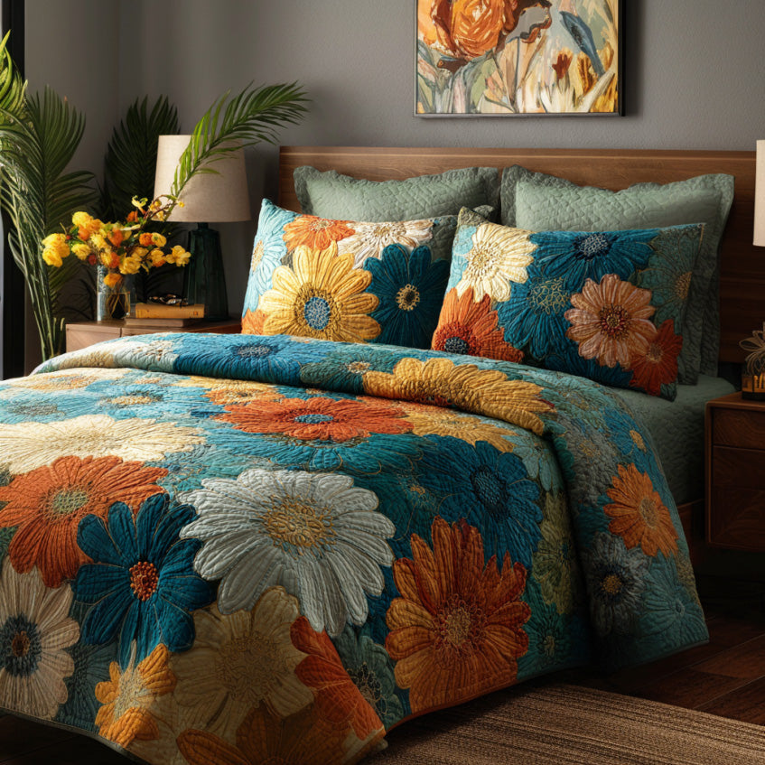 Teal Daisy Mosaic 3-Piece Quilted Bedding Set NCU0VL3054