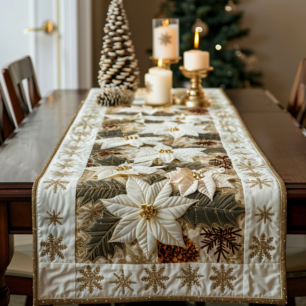White Poinsettia Flowers Quilted Table Runner NCU0DV2129