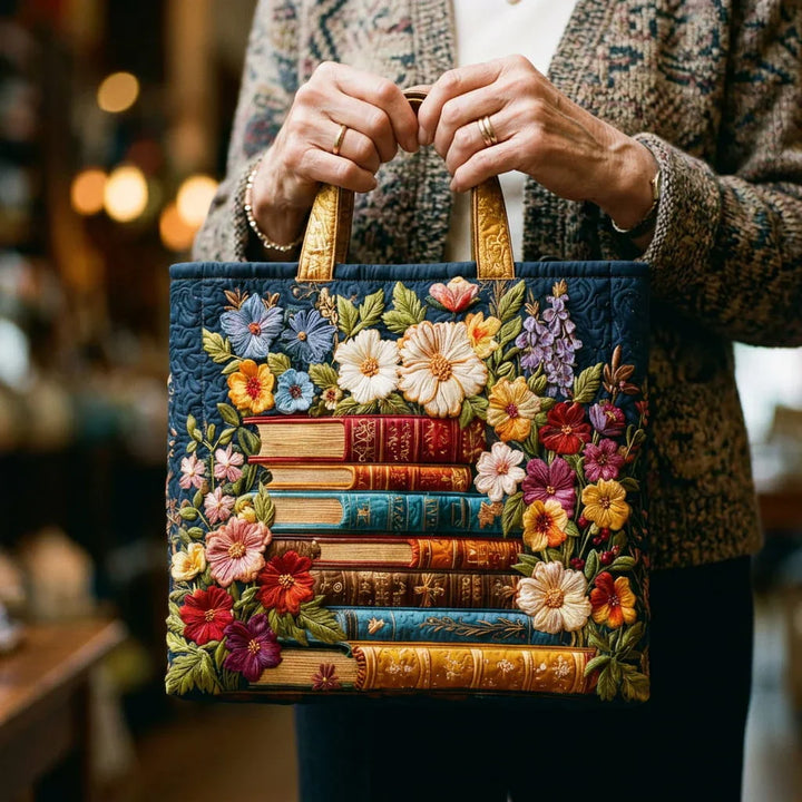 Quilted Tote Bag - Floral and Books Print